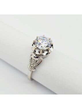 Unique 18K Karat Solid White Gold Designer Ladies CZ Engagement Ring - Size 7.75